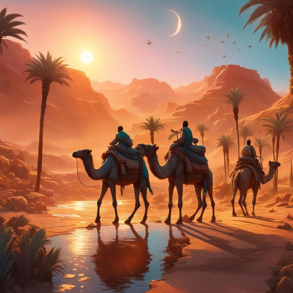 African Nomads Arriving at Oasis: Digital Art