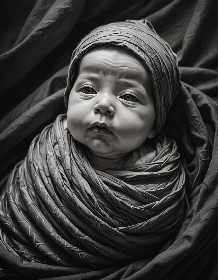 Swaddled Baby as Modern Ink Charcoal Drawing