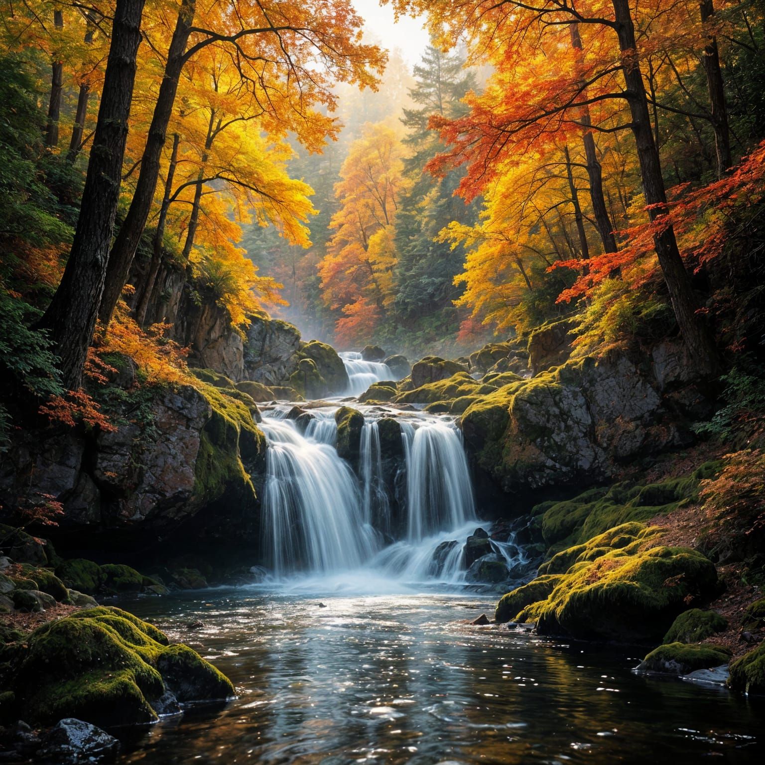 Majestic Autumn Waterfall in Golden Sunlight