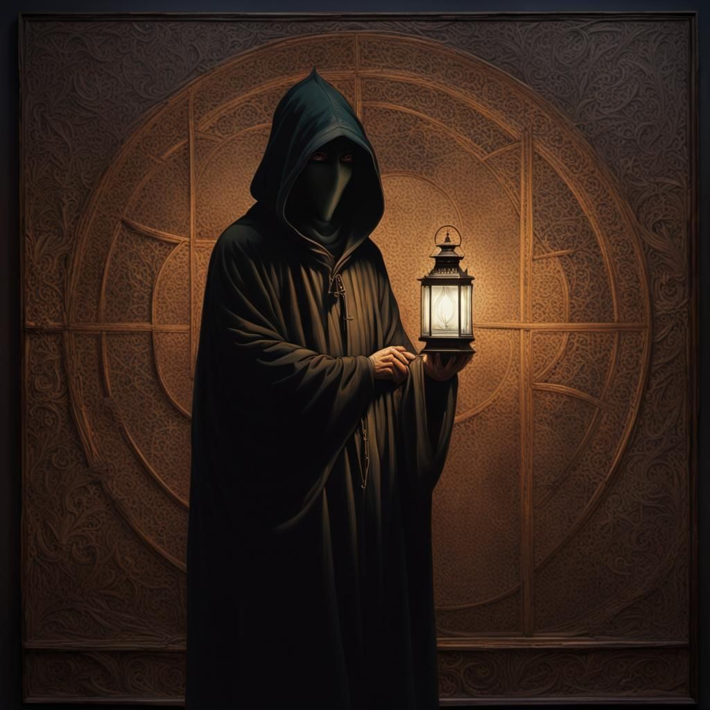 Enigmatic Hooded Figure with Lantern in Secret Painting