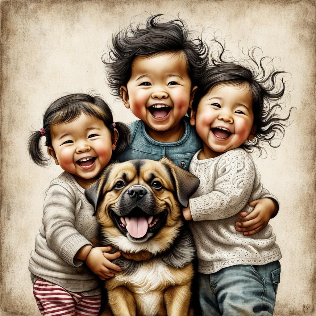 Toddler Siblings with Dog, Intricately Detailed