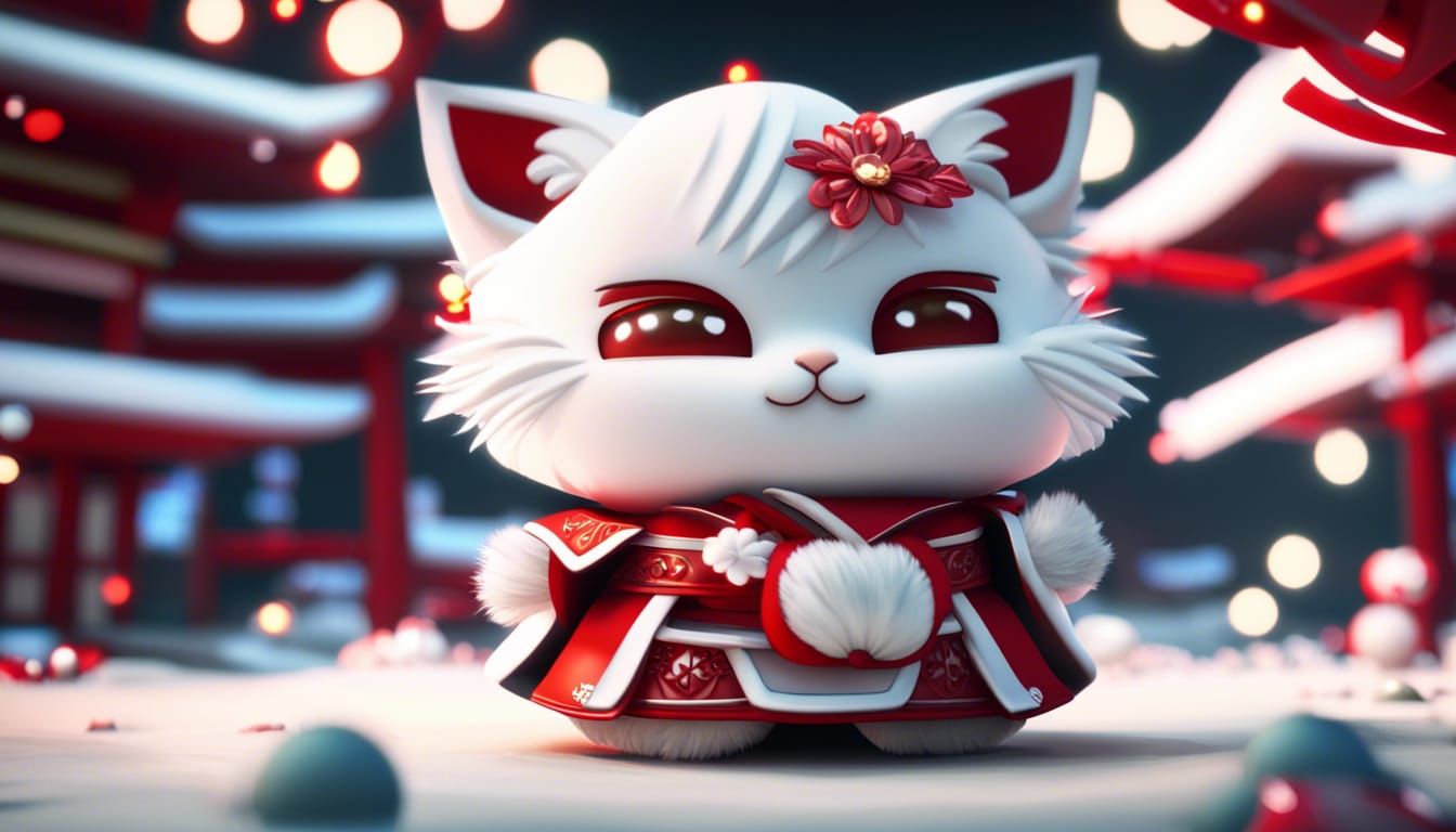 white flufffy kittens in red geisha costume at christmas tree 3D Game Cinematic Feel, Epic 3D Videogame Graphics, Intri...