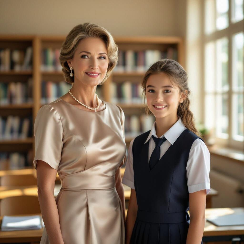Elegant Teacher and Eager Student in Sunlit Classroom