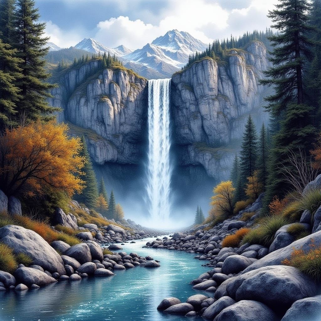 Surreal Landscape of Majestic Waterfall and Towering Cliffs ...