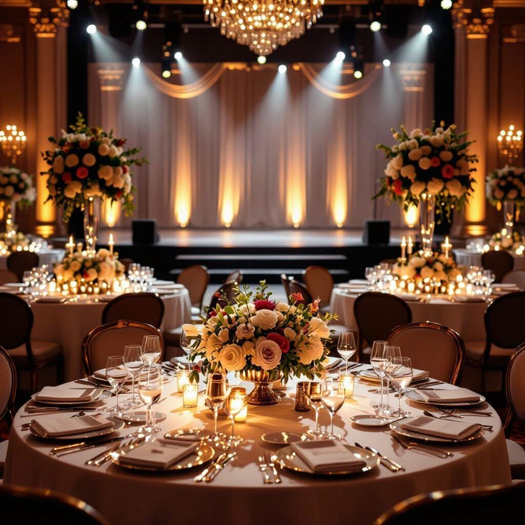 Elegant Gala Dinner Hall with Floral Centerpieces and Golden...