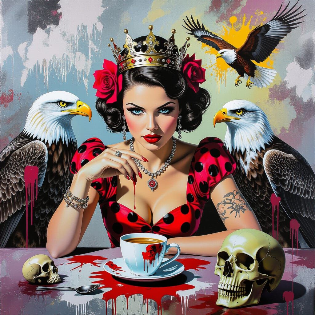 Macabre Cafe Scene: Sharks, Eagles, and Ladybird Queen