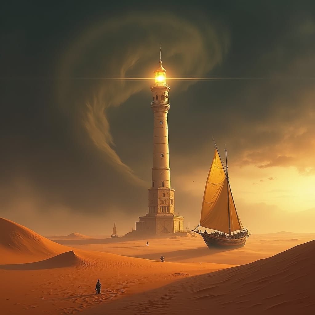 Surreal Lighthouse in Sahara Desert, Guiding Sandships Amids...