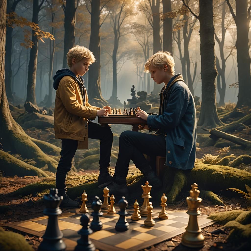 Boys Play Chess in Mystical Forest: Fantasy Concept Art