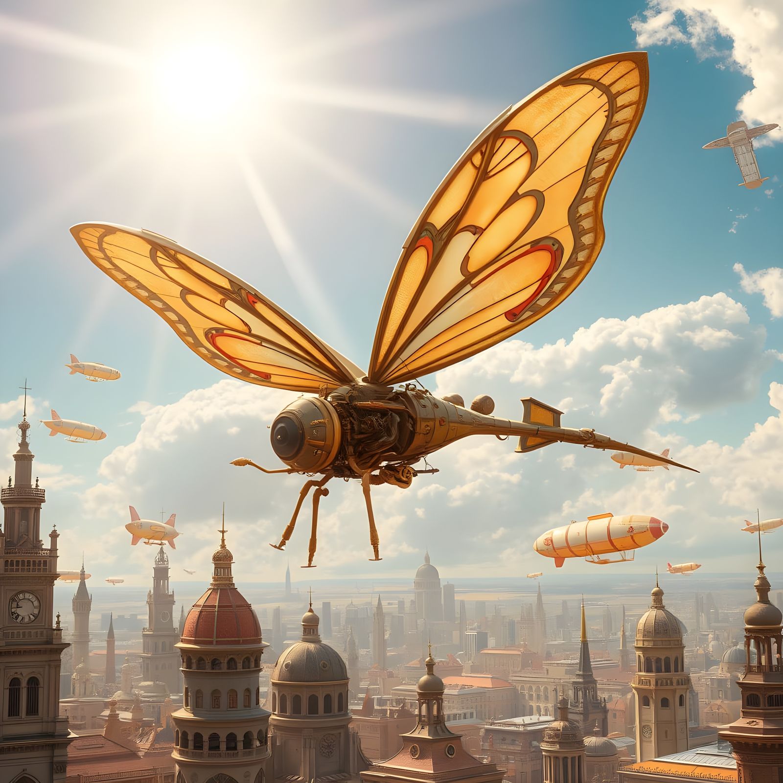 Steampunk Butterfly Ornithopter over Clockwork Metropolis