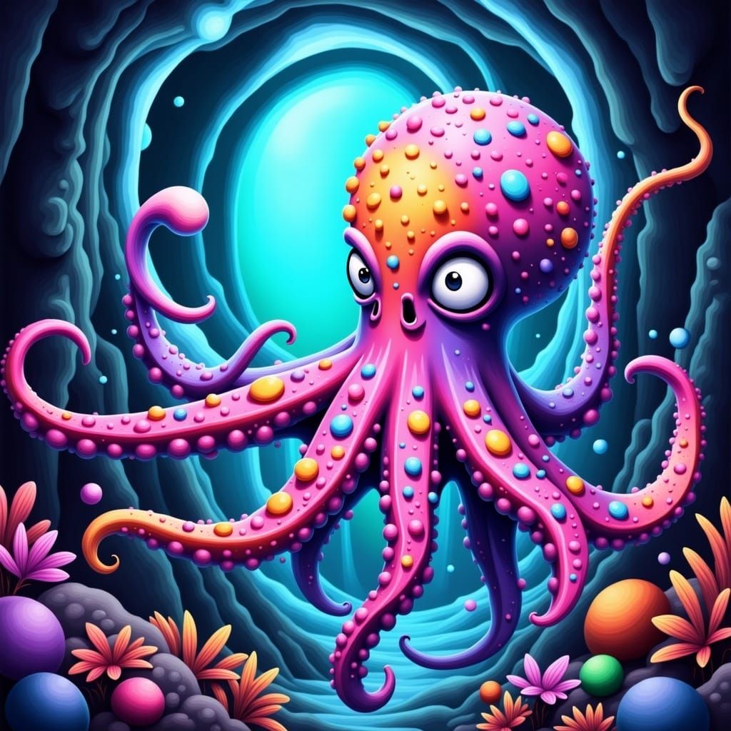 Vibrant Cartoon Octopus Twin Portals Ocean Depths