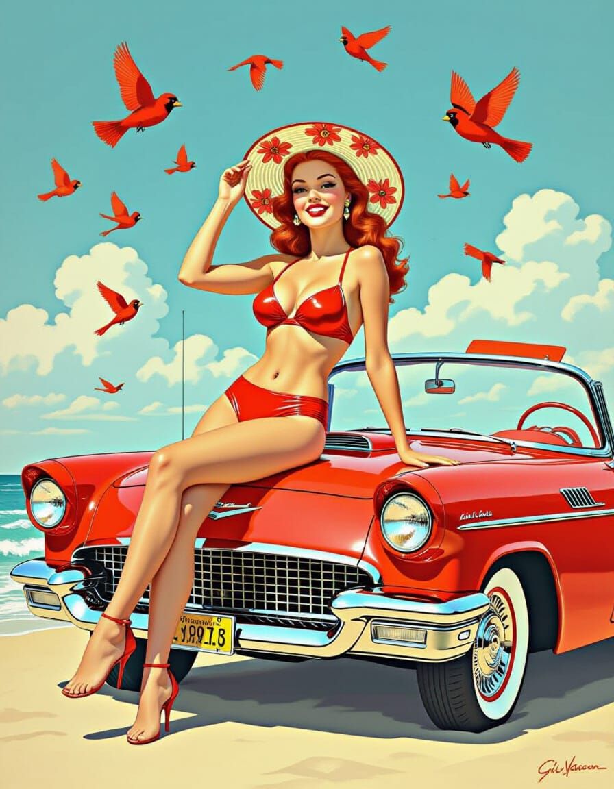 Classic Pinup: Redhead on Red Bel Air at Beach