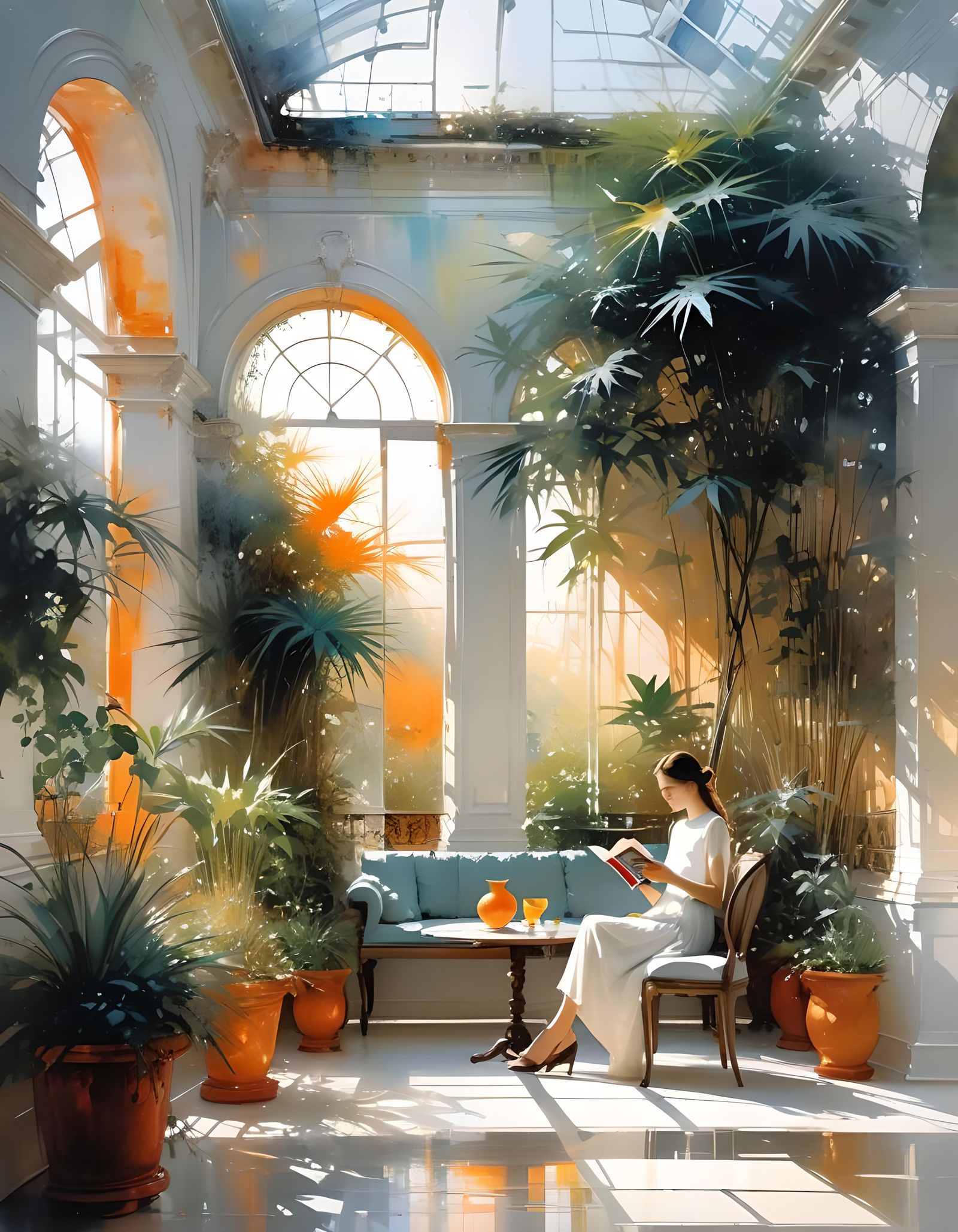 Woman Reading in an Orangerie: An Alcohol Ink Masterpiece