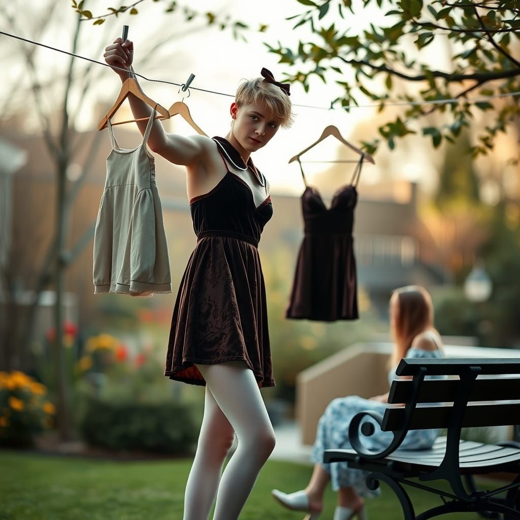 Boy in Dress Hanging Clothes in Garden