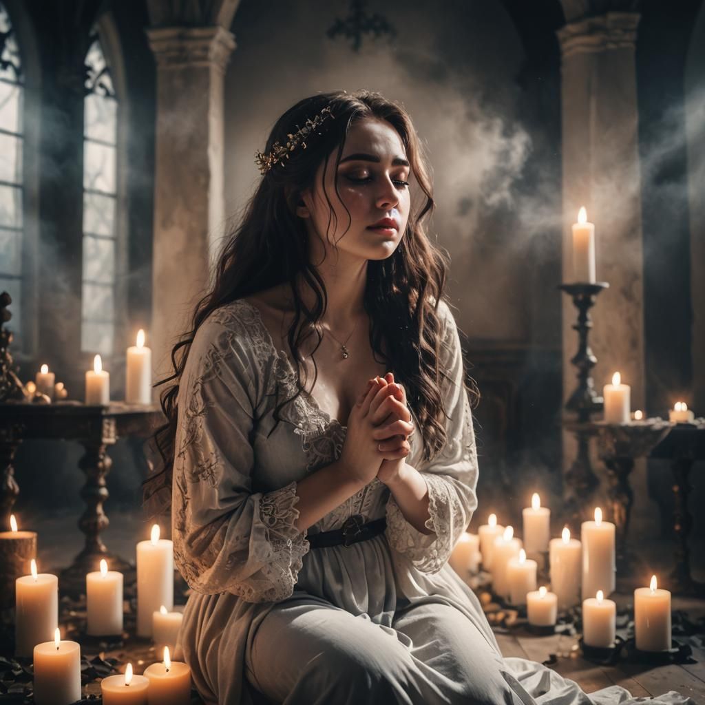 Crying Woman Kneeling in Gothic Candlelight