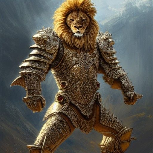 Armored Lion: Fantasy Digital Painting, Detailed Art