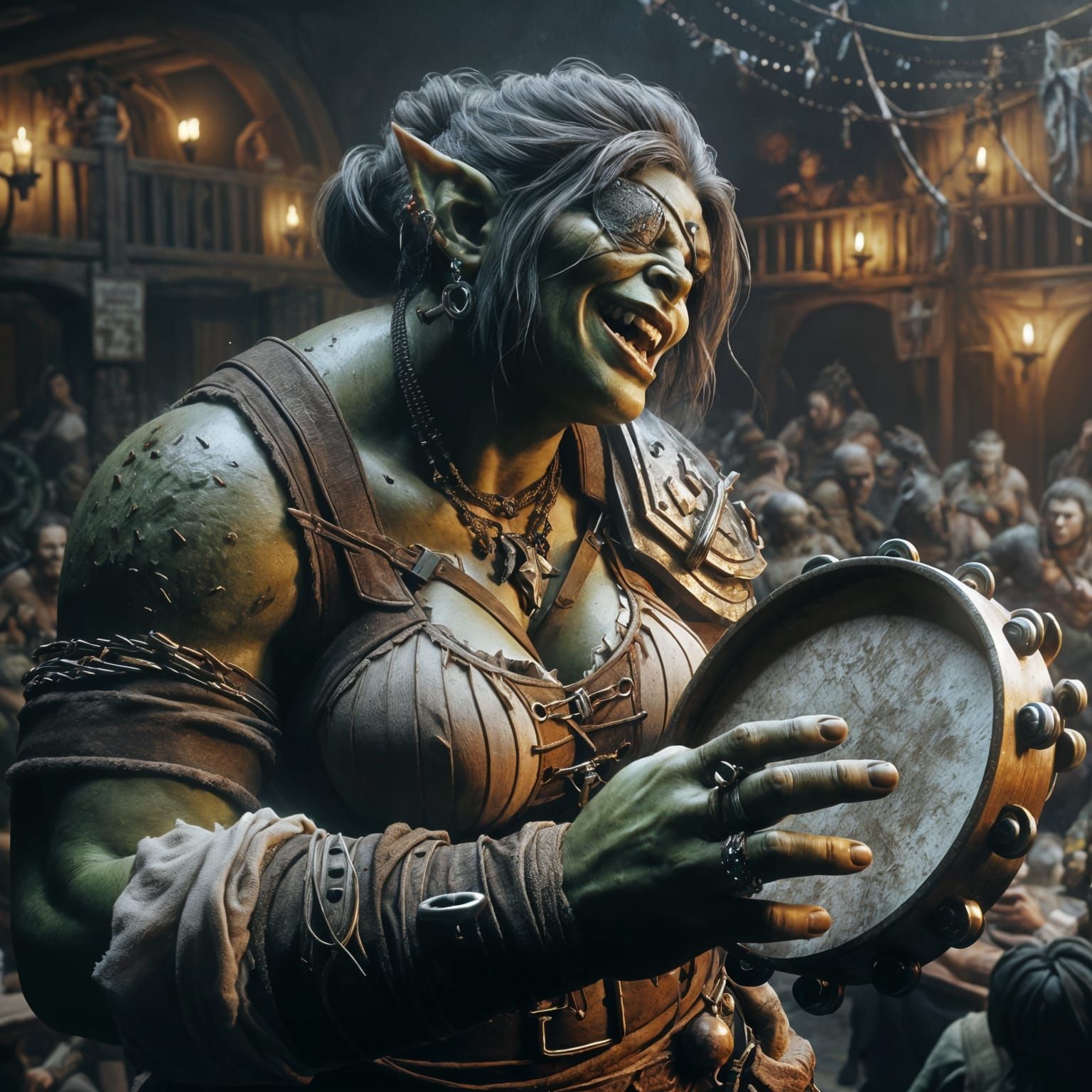 Orc Warrior Bard in Bustling Tavern