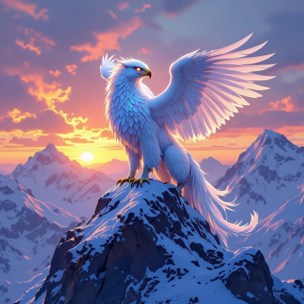 Griffin Perched Atop Snowy Mountain Peak