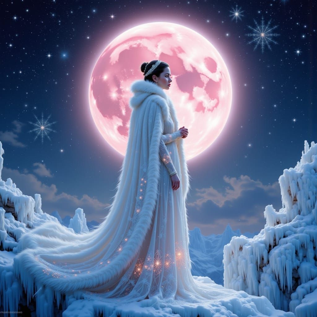 Siberian Princess on Ice Bridge Under Pink Moon
