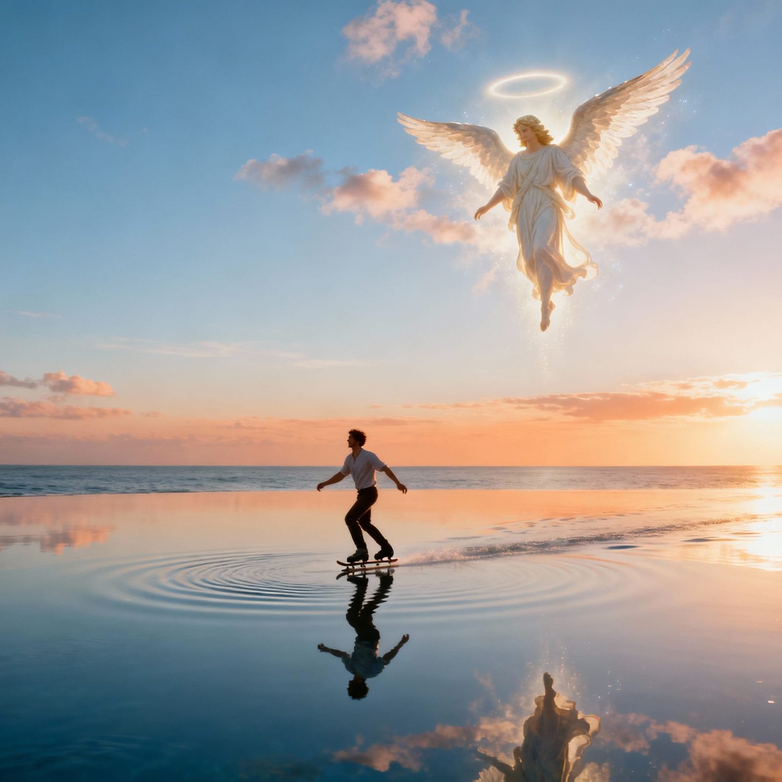 Man Skates on Ocean Surface as Angel Descends in Surreal Mor...
