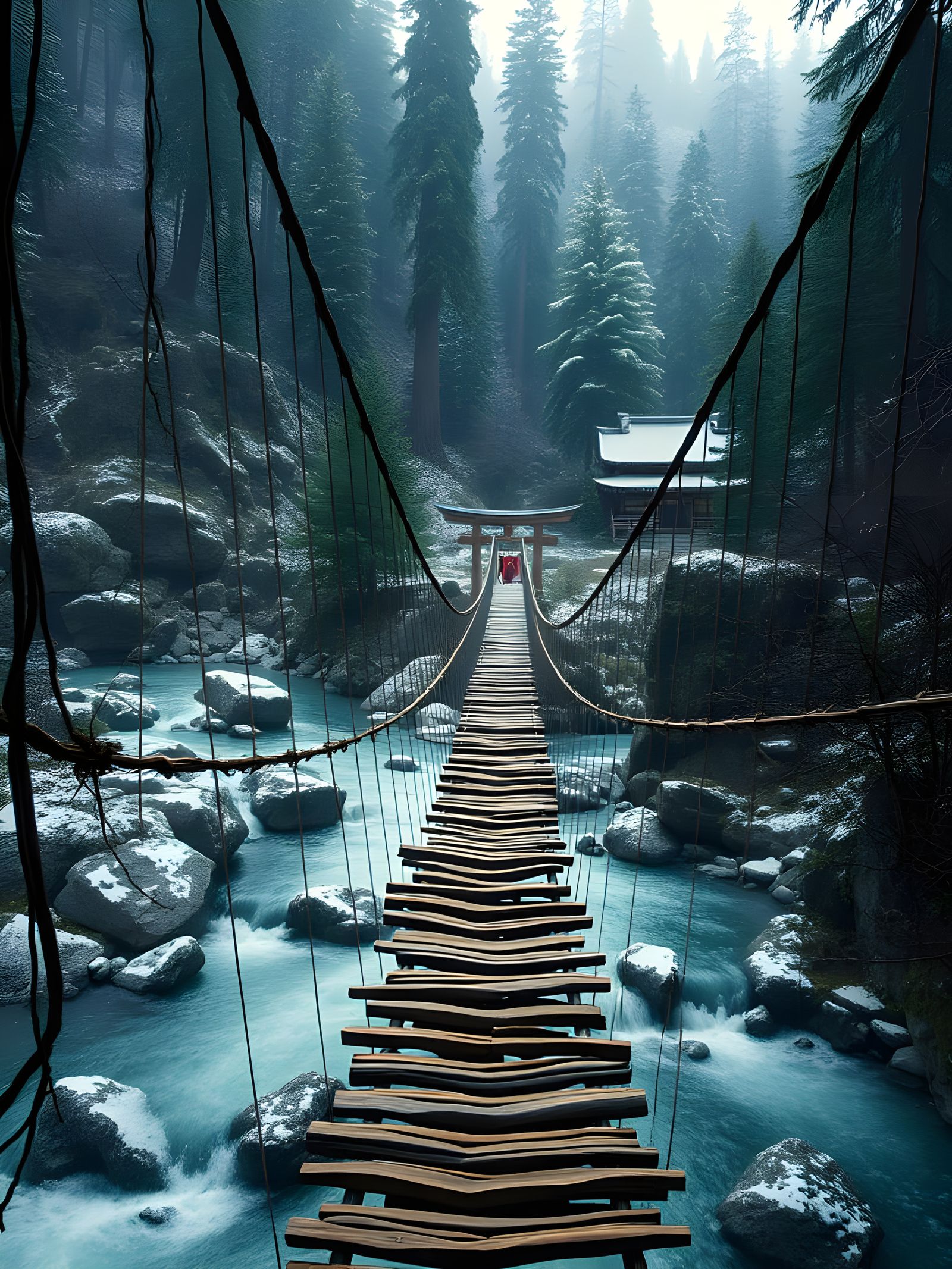 Winter Bridge to Ancient Shrine in Epic Digital Painting