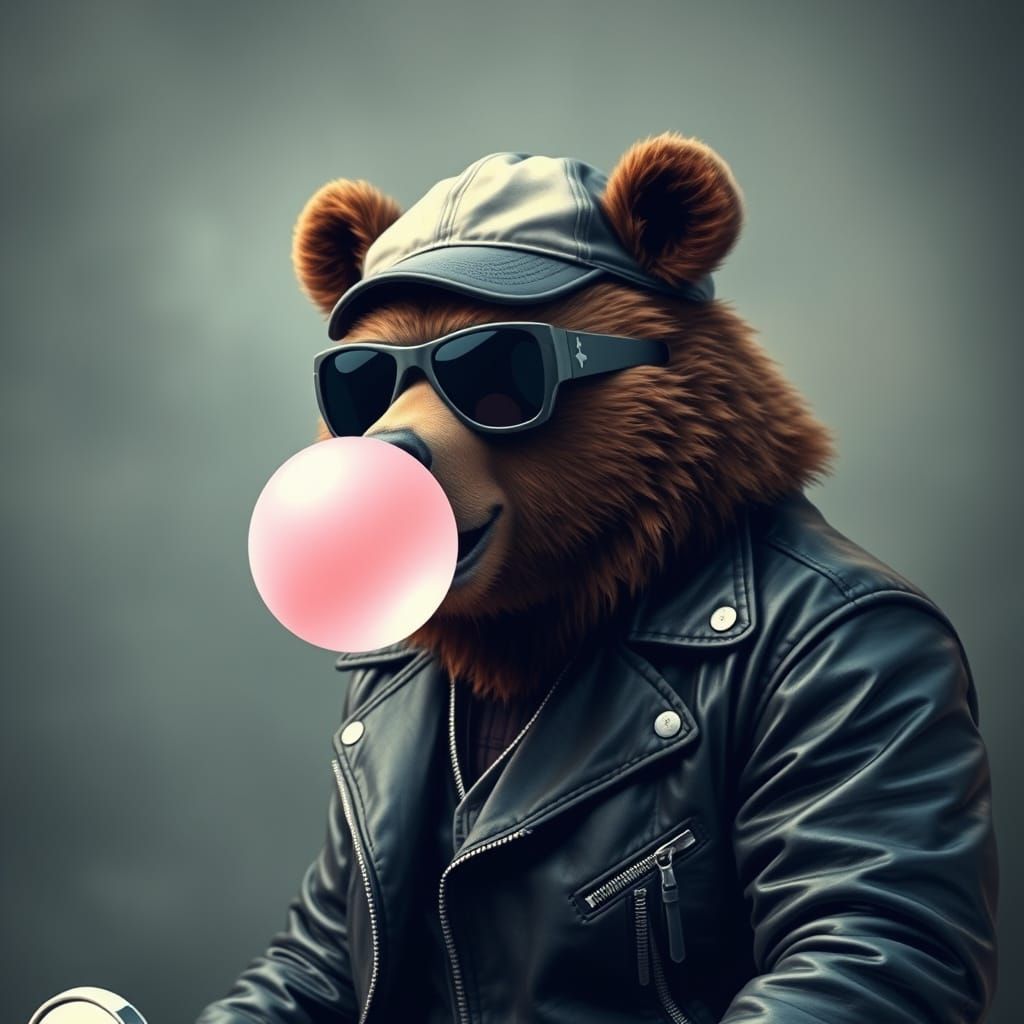 Biker Bear Blows a Bubble with Bubblegum