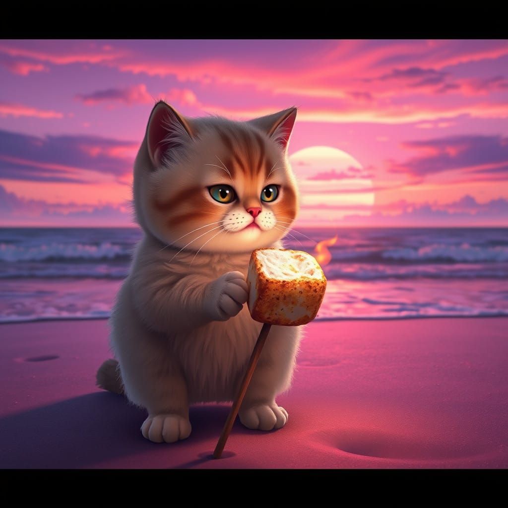 A Whimsical Beach Scene with a Cat Roasting Marshmallows at...