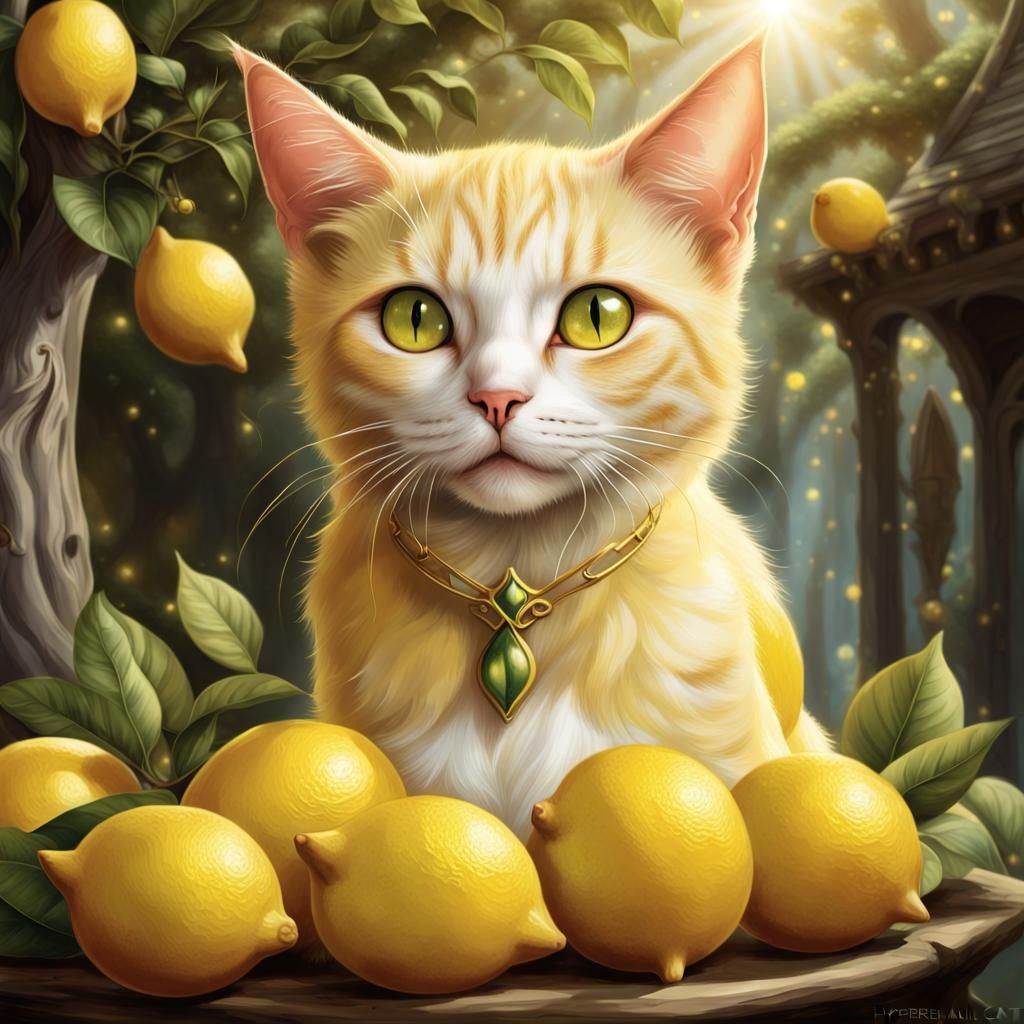 Elves Worship Lemon Cat in Hyperrealistic Splash Art