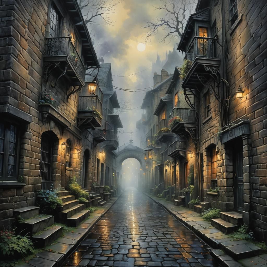 Mystical Dark Alley in Ethereal Watercolor Style