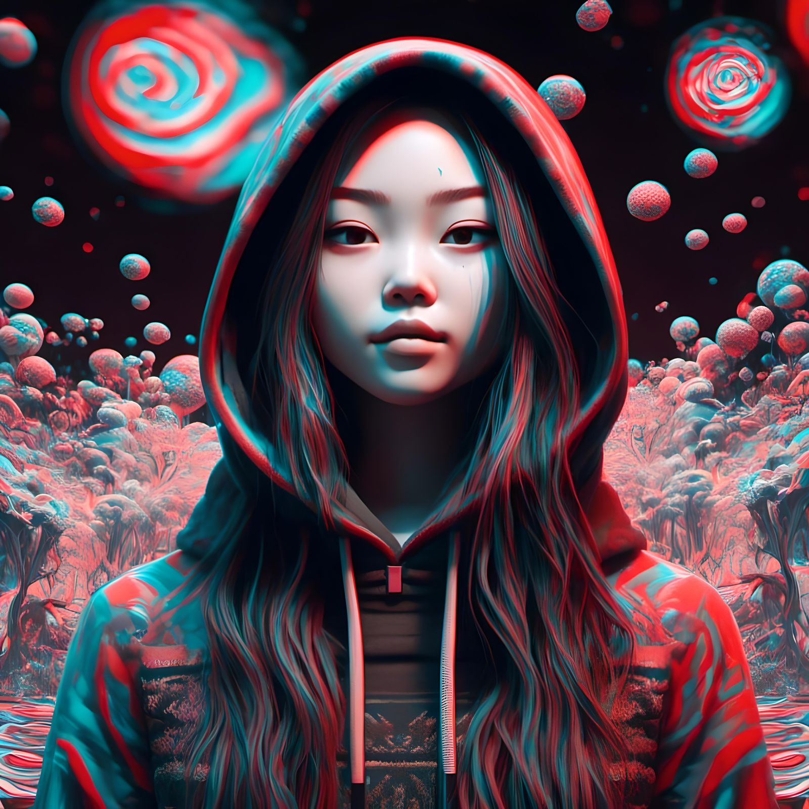 Psychedelic 3D Portrait of a Smiling Girl
