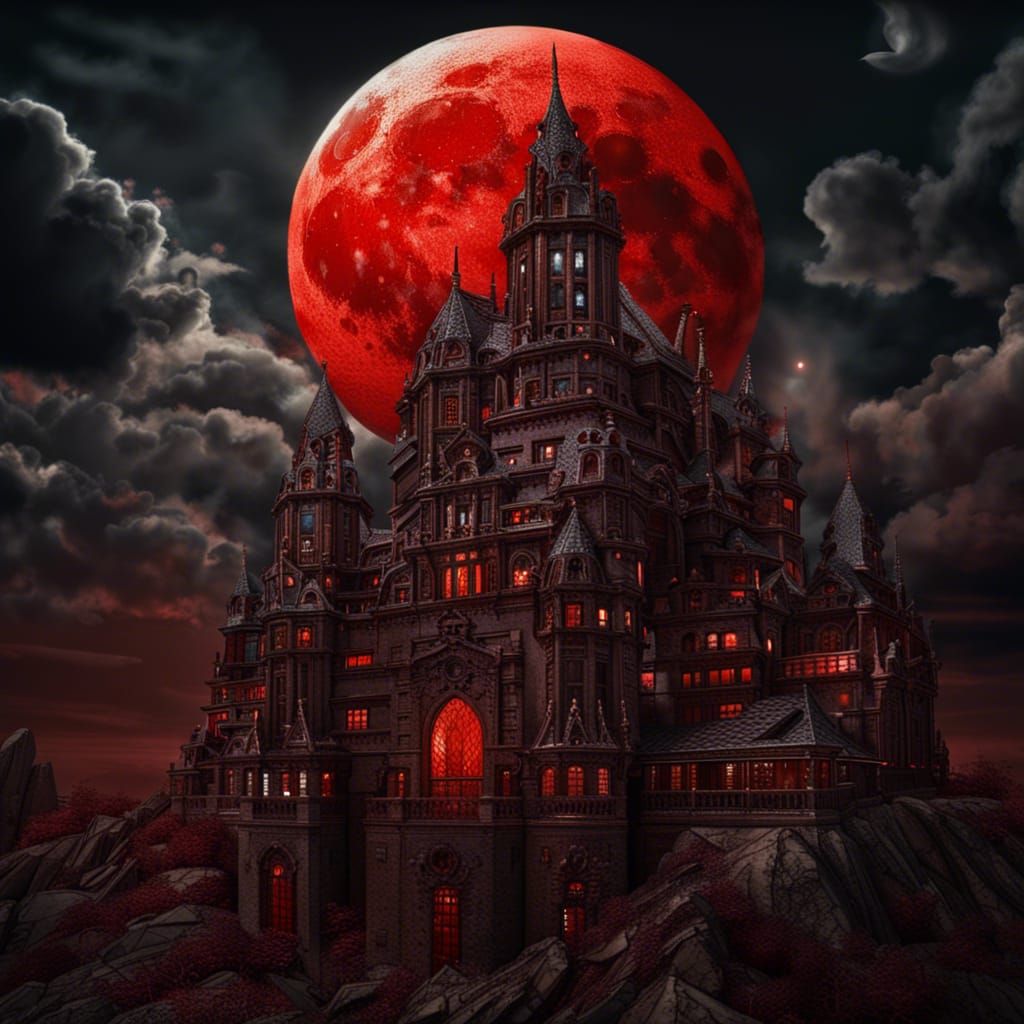 Terrifying Skyscraper Castle Under Red Moon