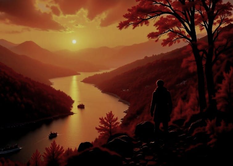 Warm Sunset Glows on Autumn River Valley