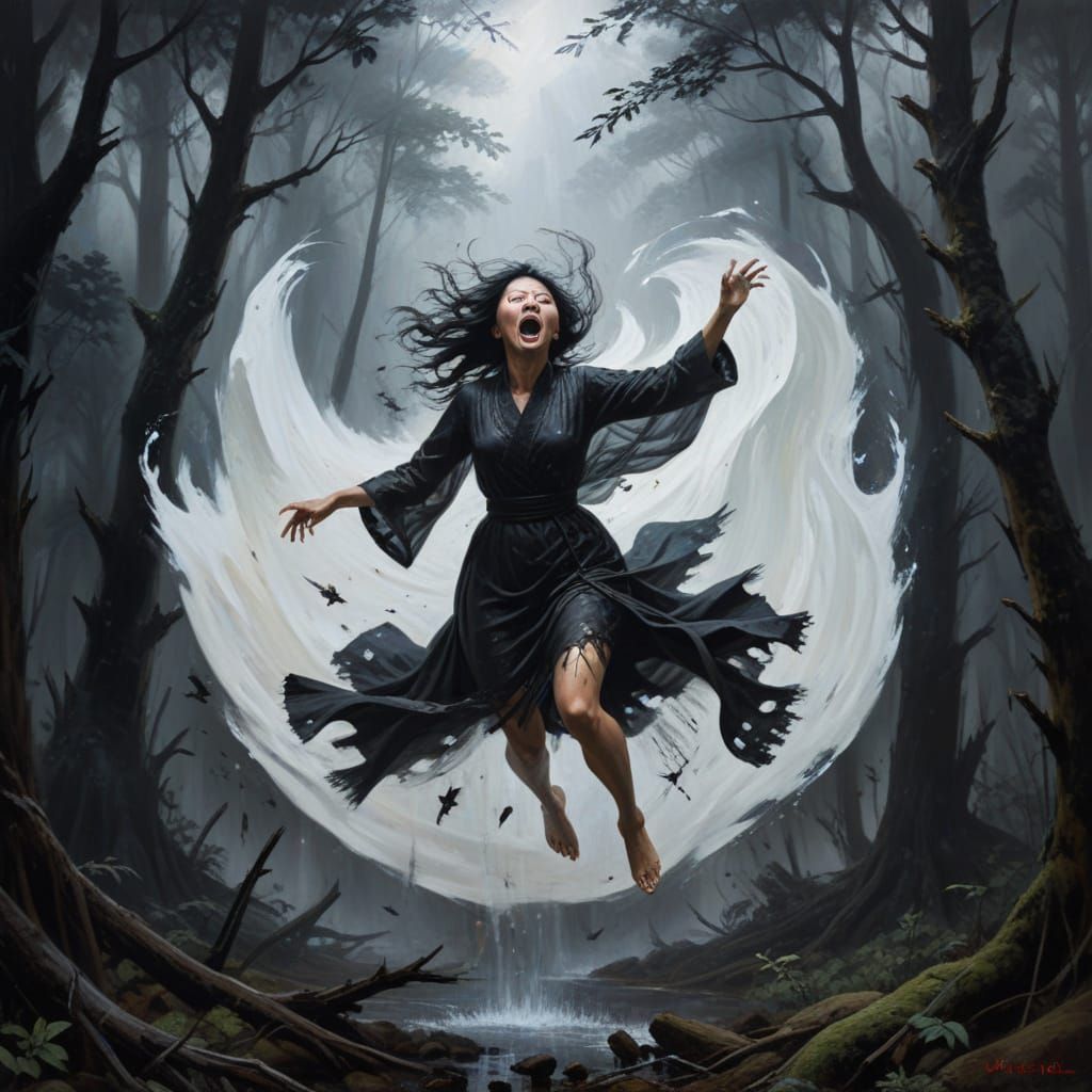 Asian Banshee Screaming in Dark Forest Oil Painting