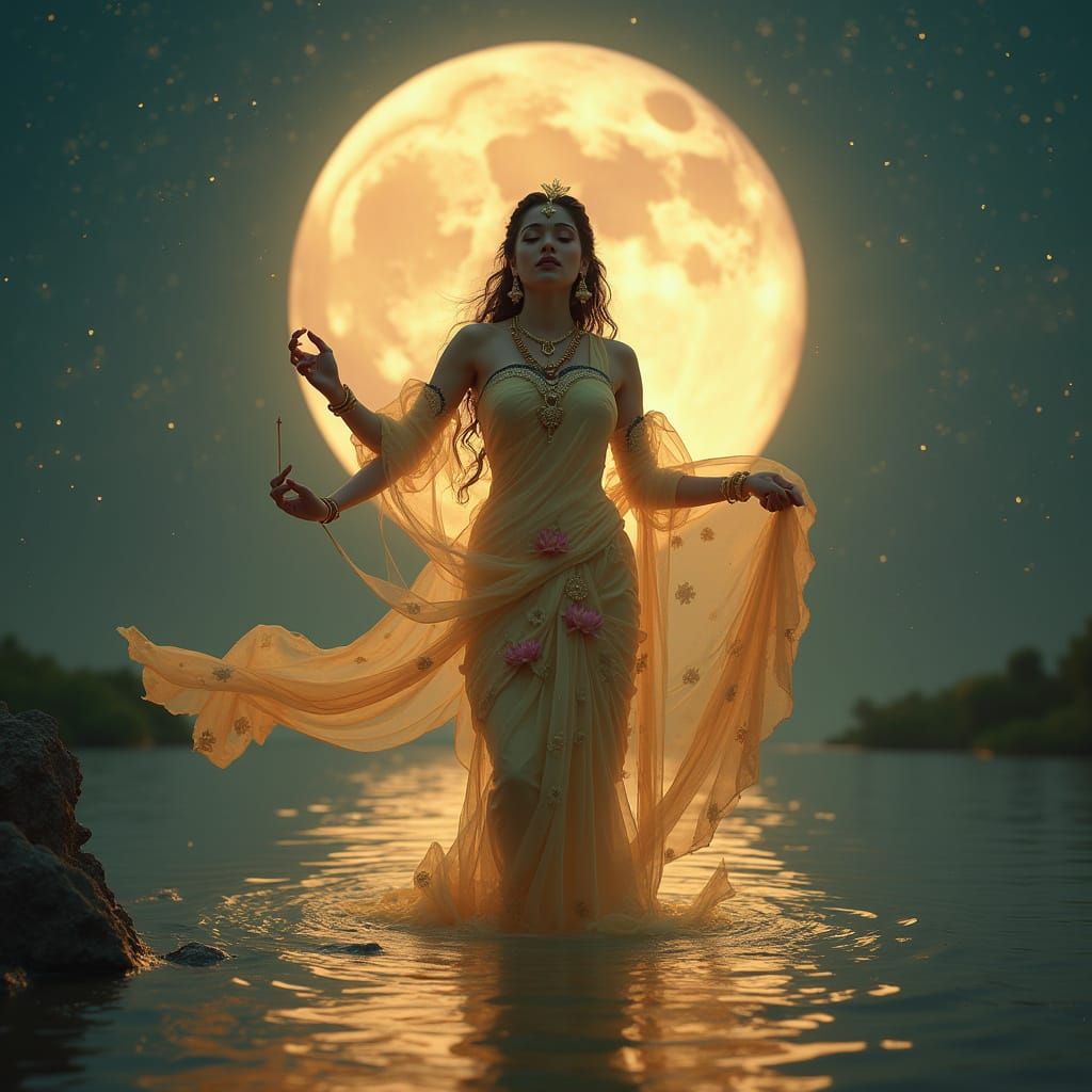 Sensual Apsara Goddess Rises from Shimmering Lake under Full...