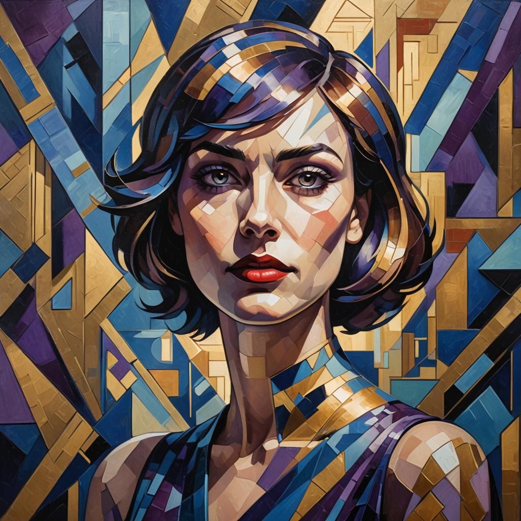 Cubist Woman in Geometric Art Deco Room