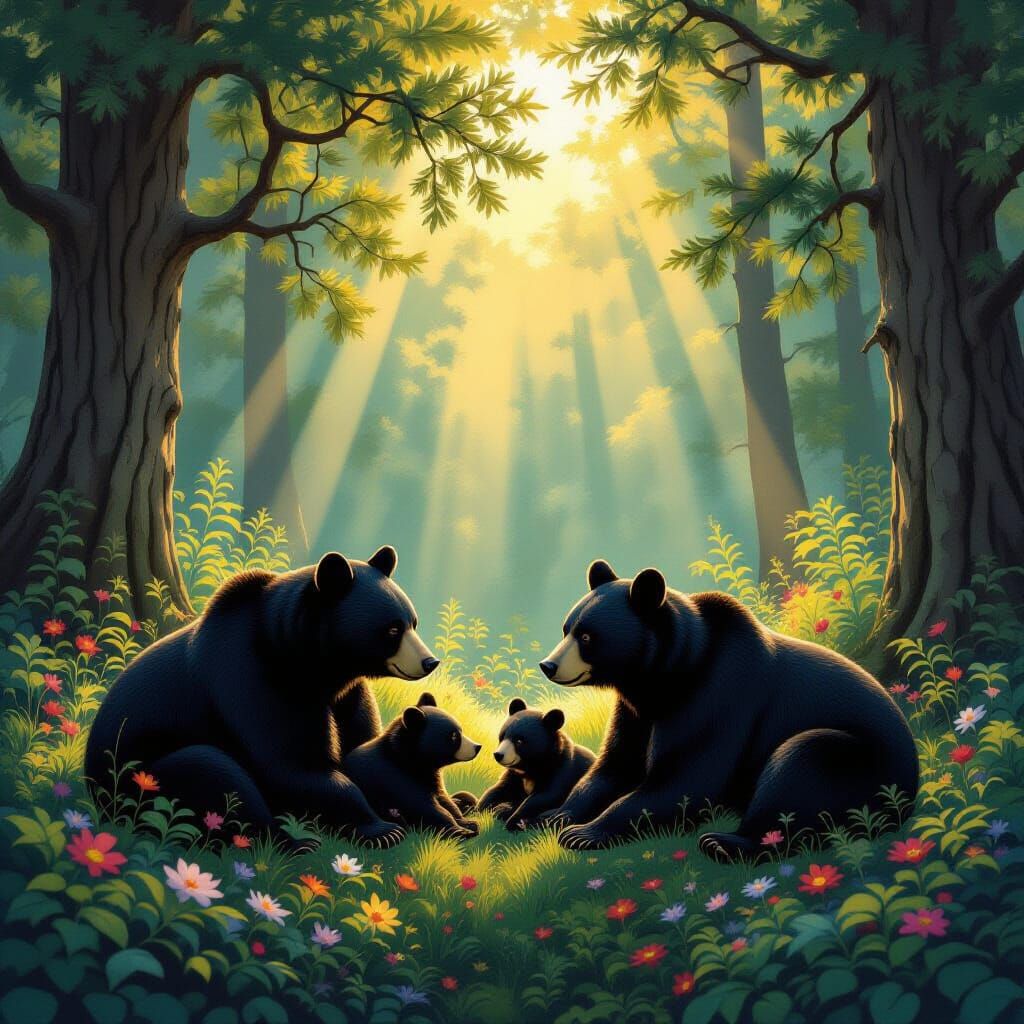 Black Bears in Enchanted Forest, Art Nouveau Style
