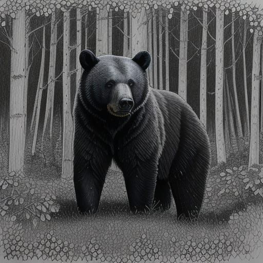 Crosshatching ink drawing, shaggy black bear eating berries ...