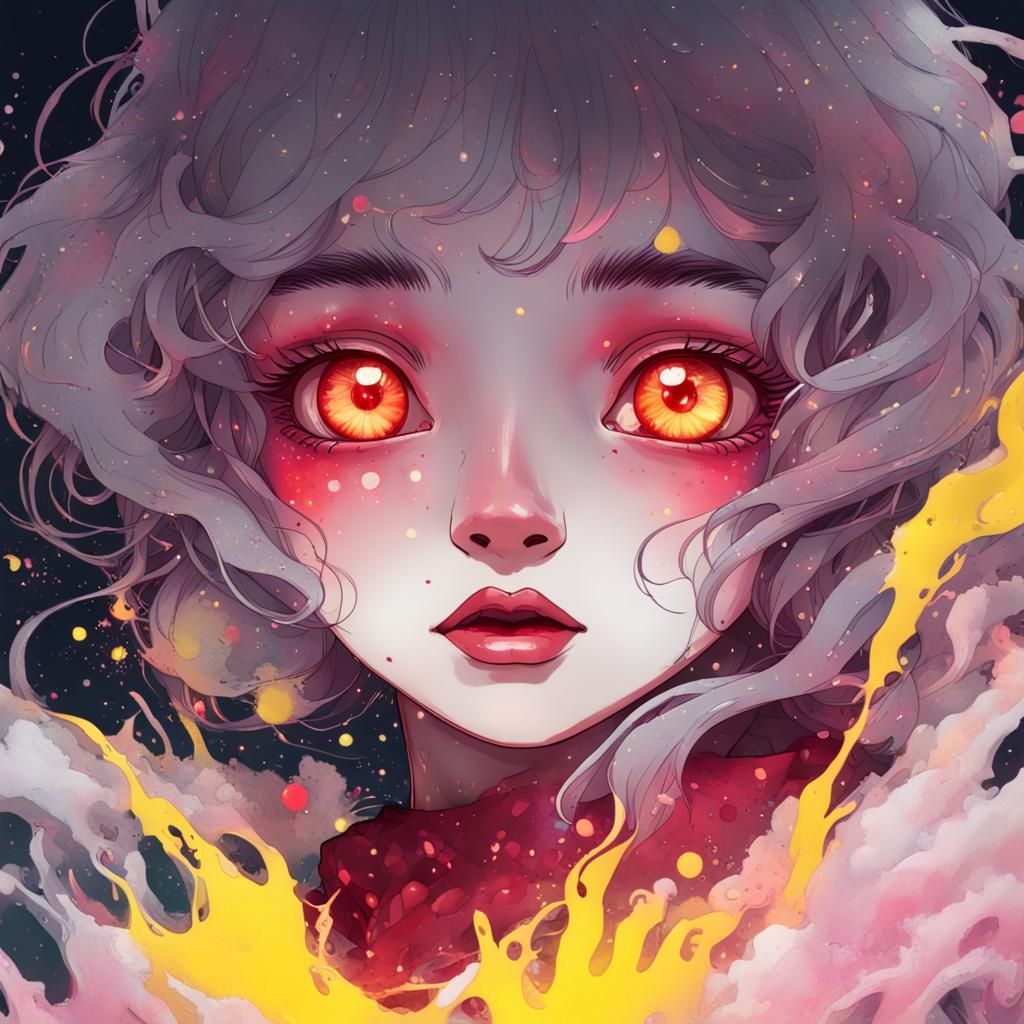 Ethereal Ghost Girl with Yellow Eyes in Vaporwave