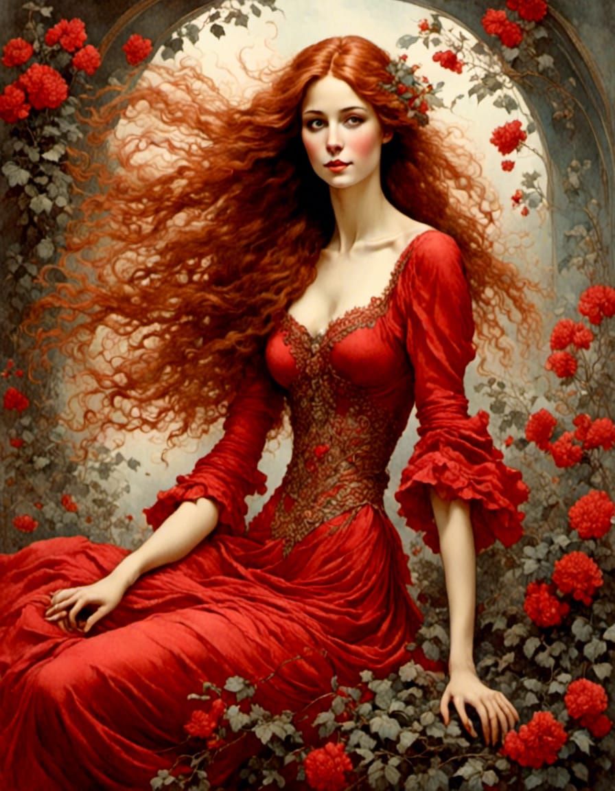 Auburn-Haired Woman in Red Dress, Hyperrealistic Watercolor ...