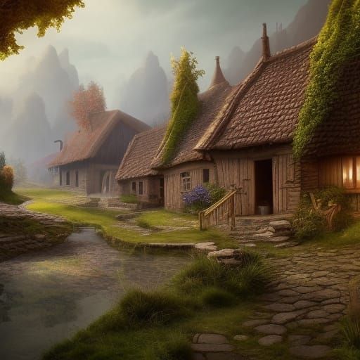 Medieval Village in Countryside: Detailed Matte Painting