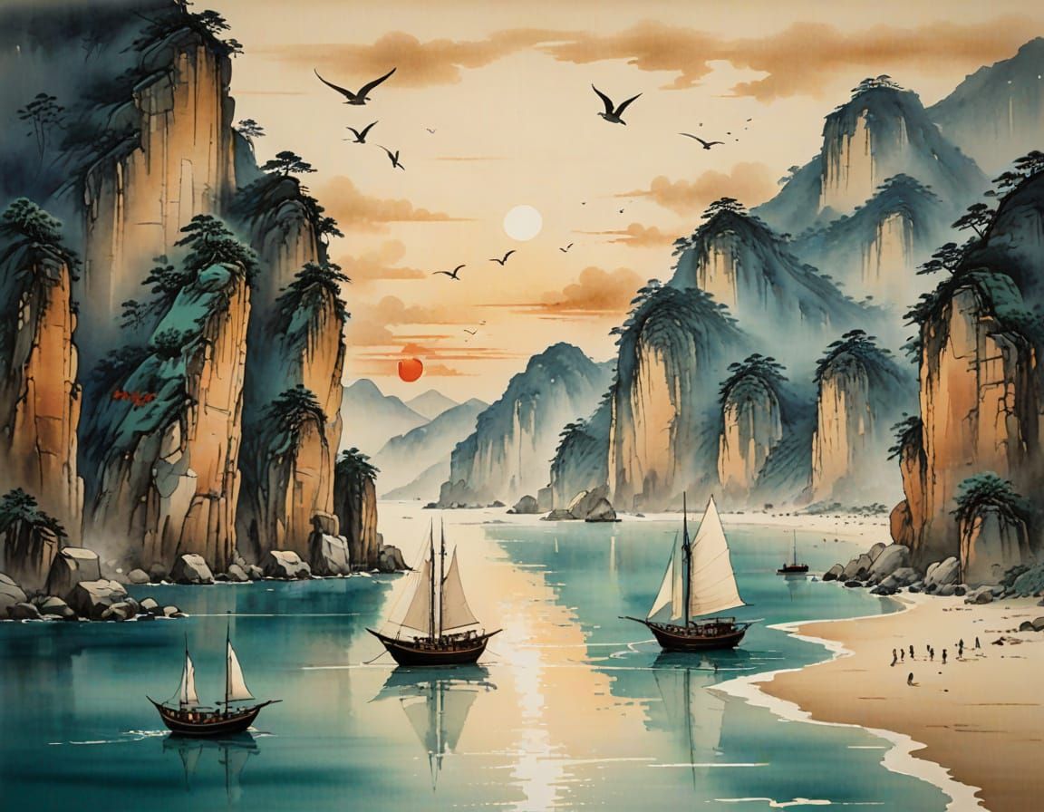 Serene Sunset Beach: Chinese Ink Painting
