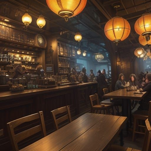 Enchanted Steampunk Coffeeshop in Vibrant Oil Painting