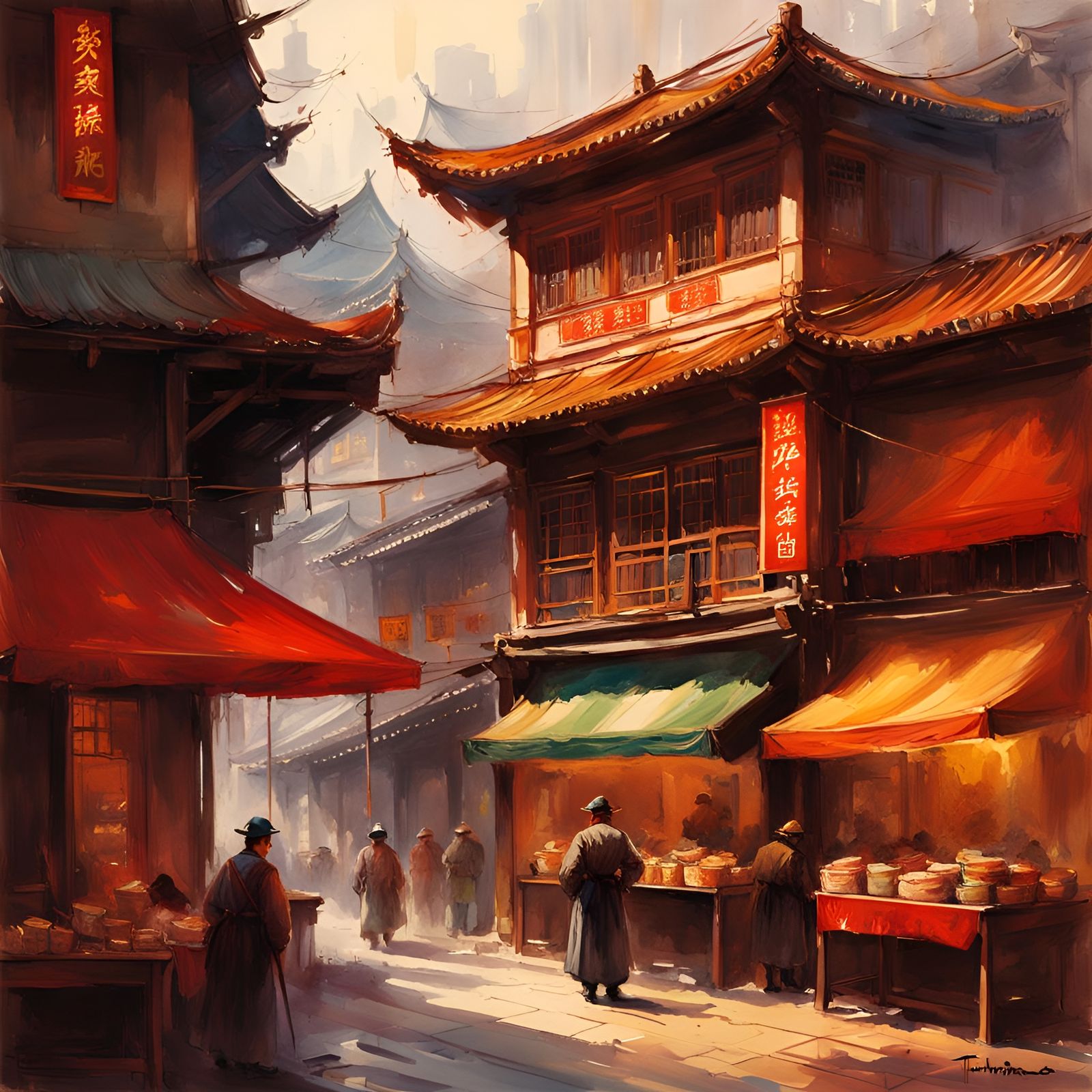 Shanghai Noodle Factory in Watercolor Style