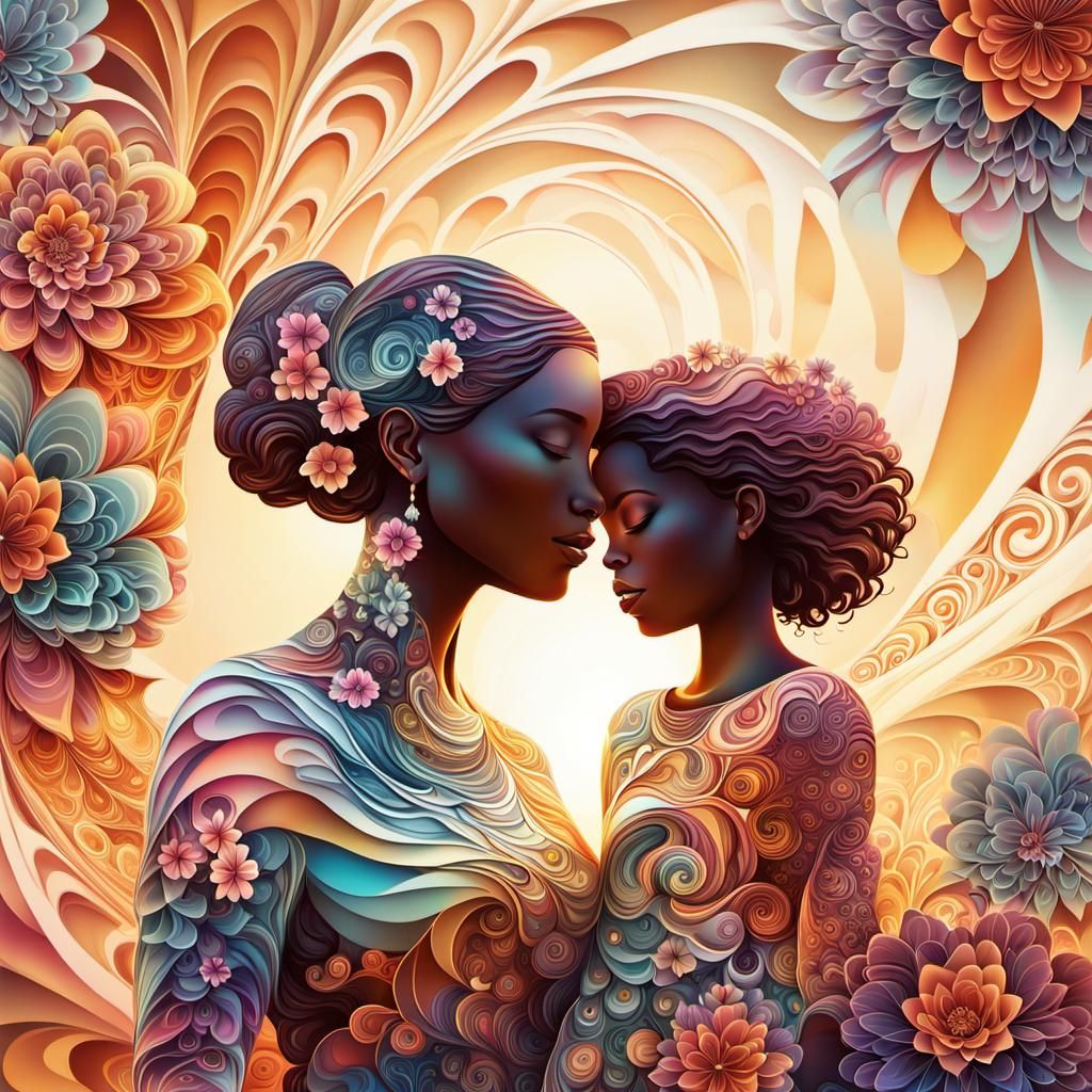 Dreamlike Fractal: Woman with Flowers at Sunset