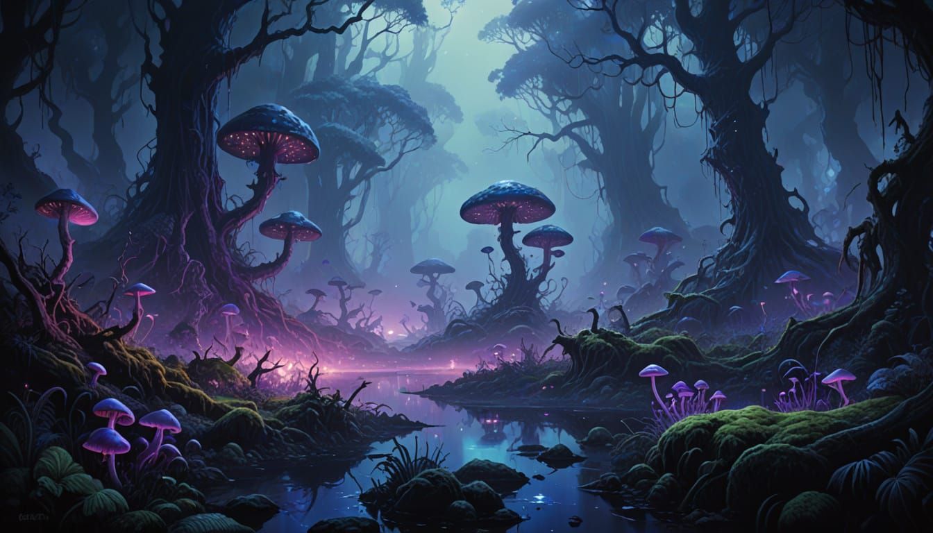 Dark Fantasy Jungle with Luminescent Fungi