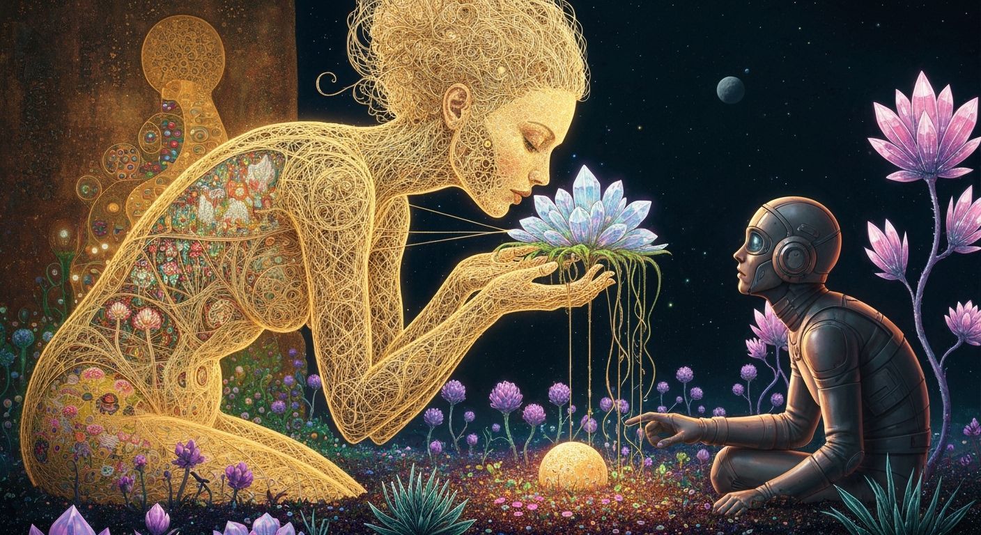 Filigree Woman Embraces Surreal Garden