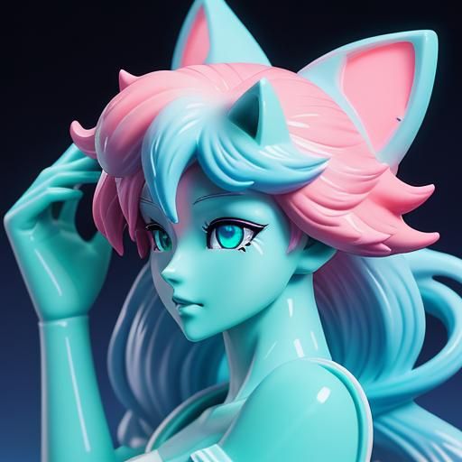 Cat Girl Figurine in Synthwave Neon Lights