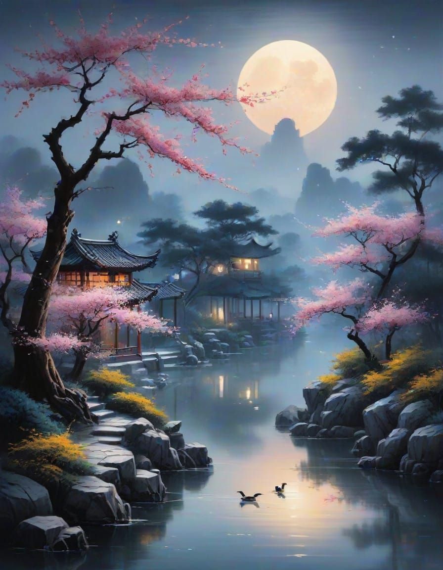 Serene Chinese Garden Under Crescent Moonlight