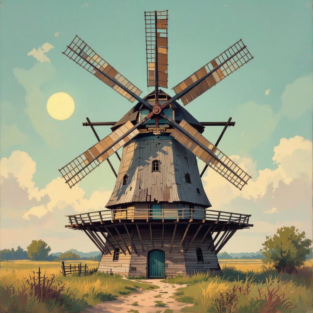 Aging Windmill in Neo-Impressionistic Watercolor