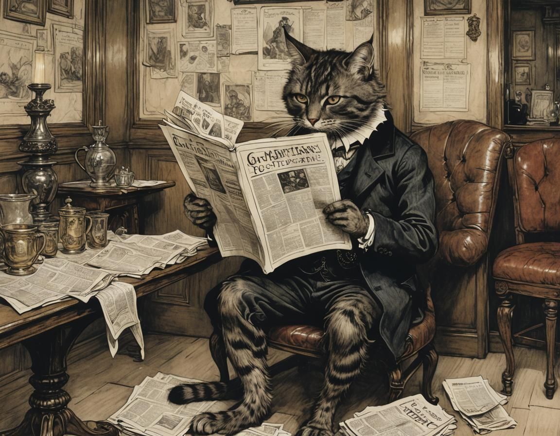 A Gentlecat Reading the Papers at the Coffeehouse