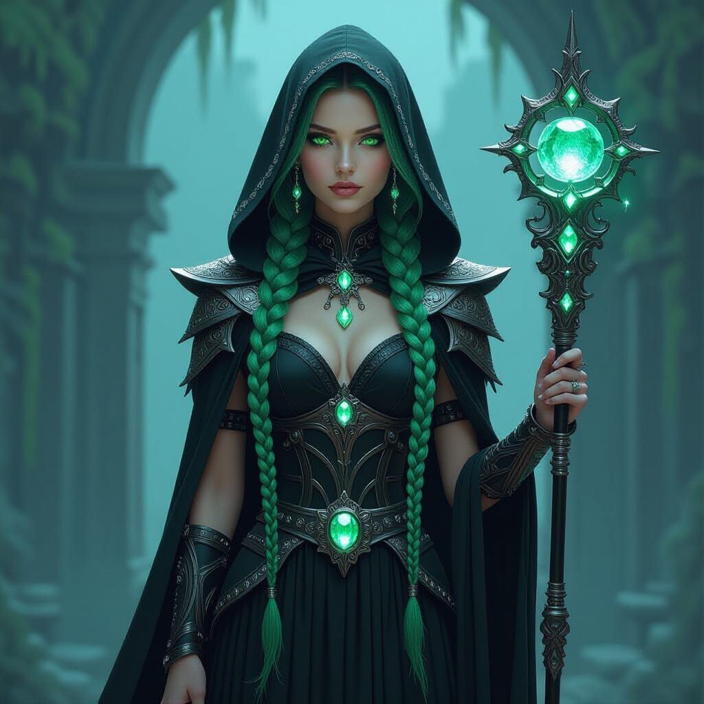 Magician Girl with Emerald Hair in Cyberpunk Style